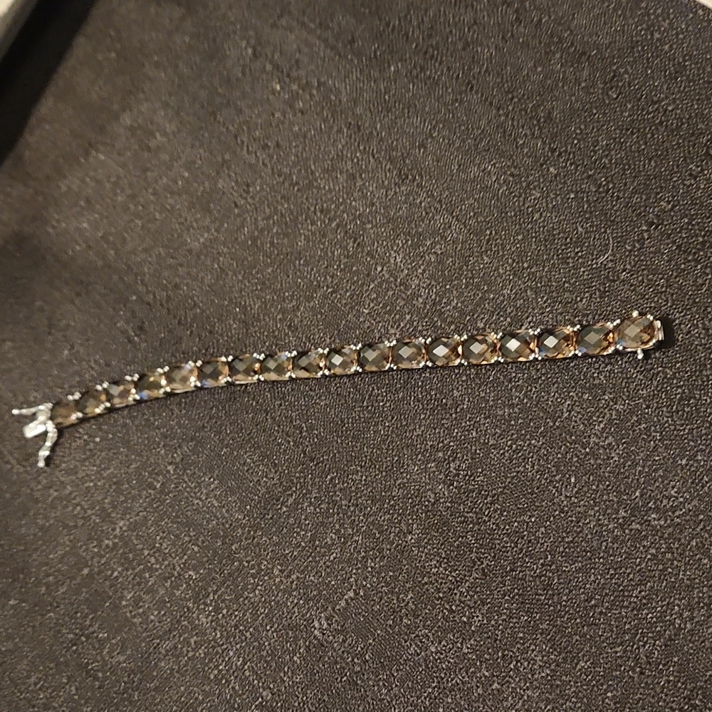 NATURAL SMOKEY QUARTZ 925 STERLING SILVER TENNIS BRACELET. 18  6×4mm GEMSTONES